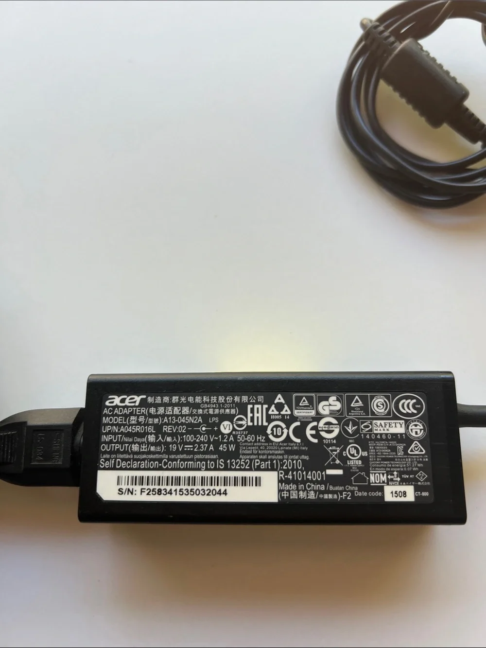 Acer Black AC Power Adapter with Integrated Cable